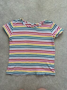 Hanna Andersson Short Sleeve Stripe Tee in White, Pink, Yellow, Blue & Green